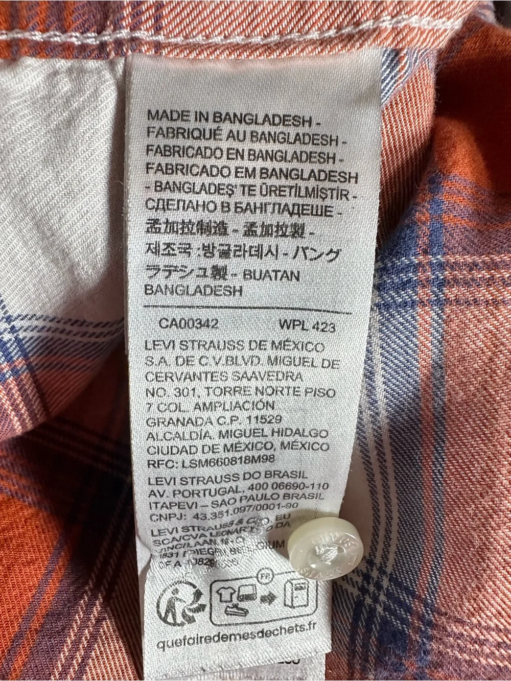 Levi's Men’s S LS Orange White & Blue Plaid Western Pearl Snap Button-Down Shirt